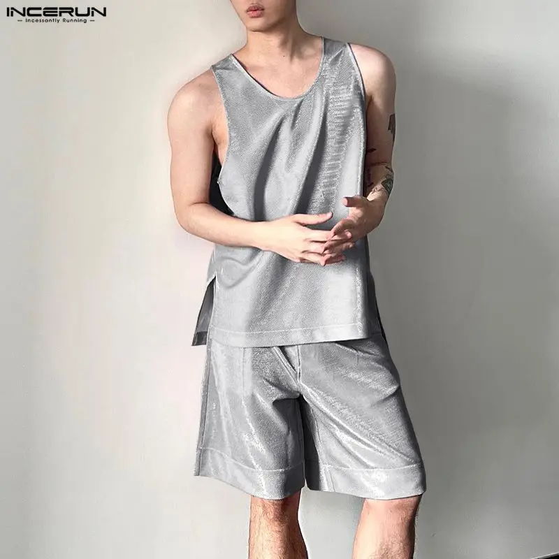 Mens Fashion Summer - INCERUN 남성 세트 반짝 이는 솔리드