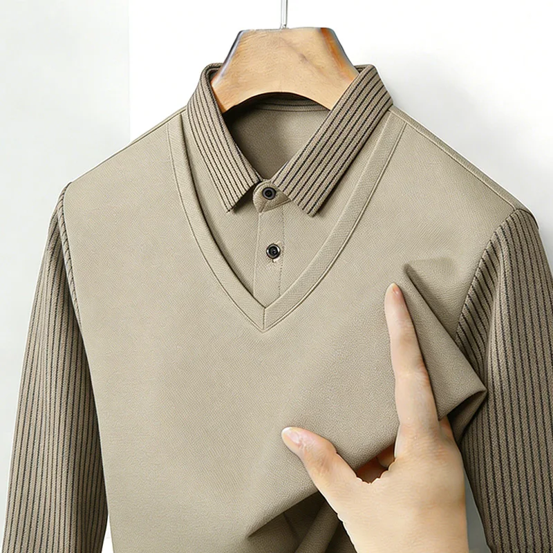 남성용 페이크 투피스 셔츠 칼라 V넥 긴팔 탑 카키 스 - Mens Fashion Clothes 리뷰 및 가격