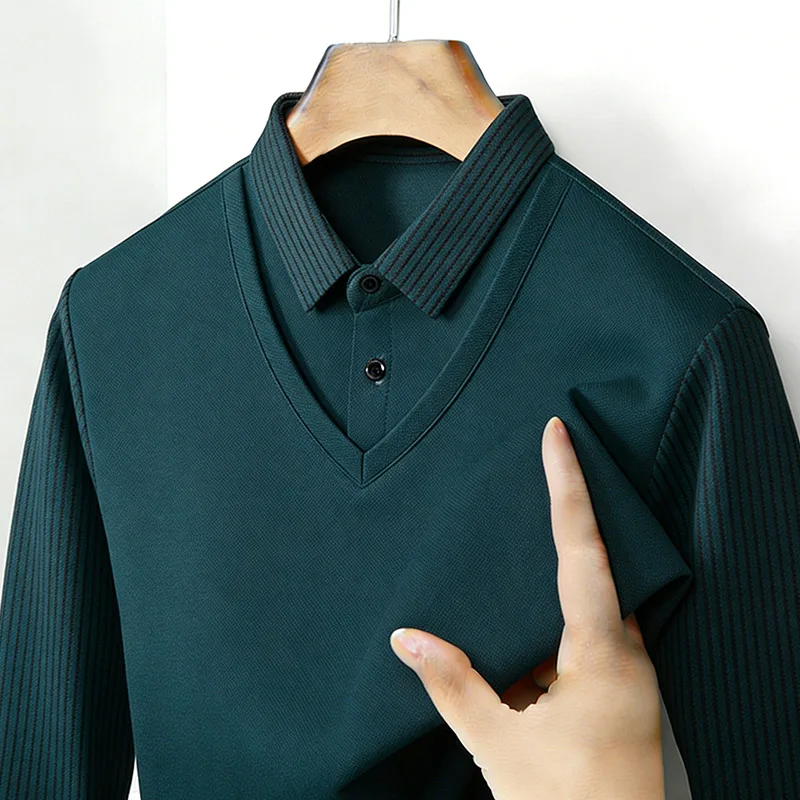 남성용 페이크 투피스 셔츠 칼라 V넥 긴팔 탑 카키 스 - Mens Fashion Clothes 리뷰 및 가격