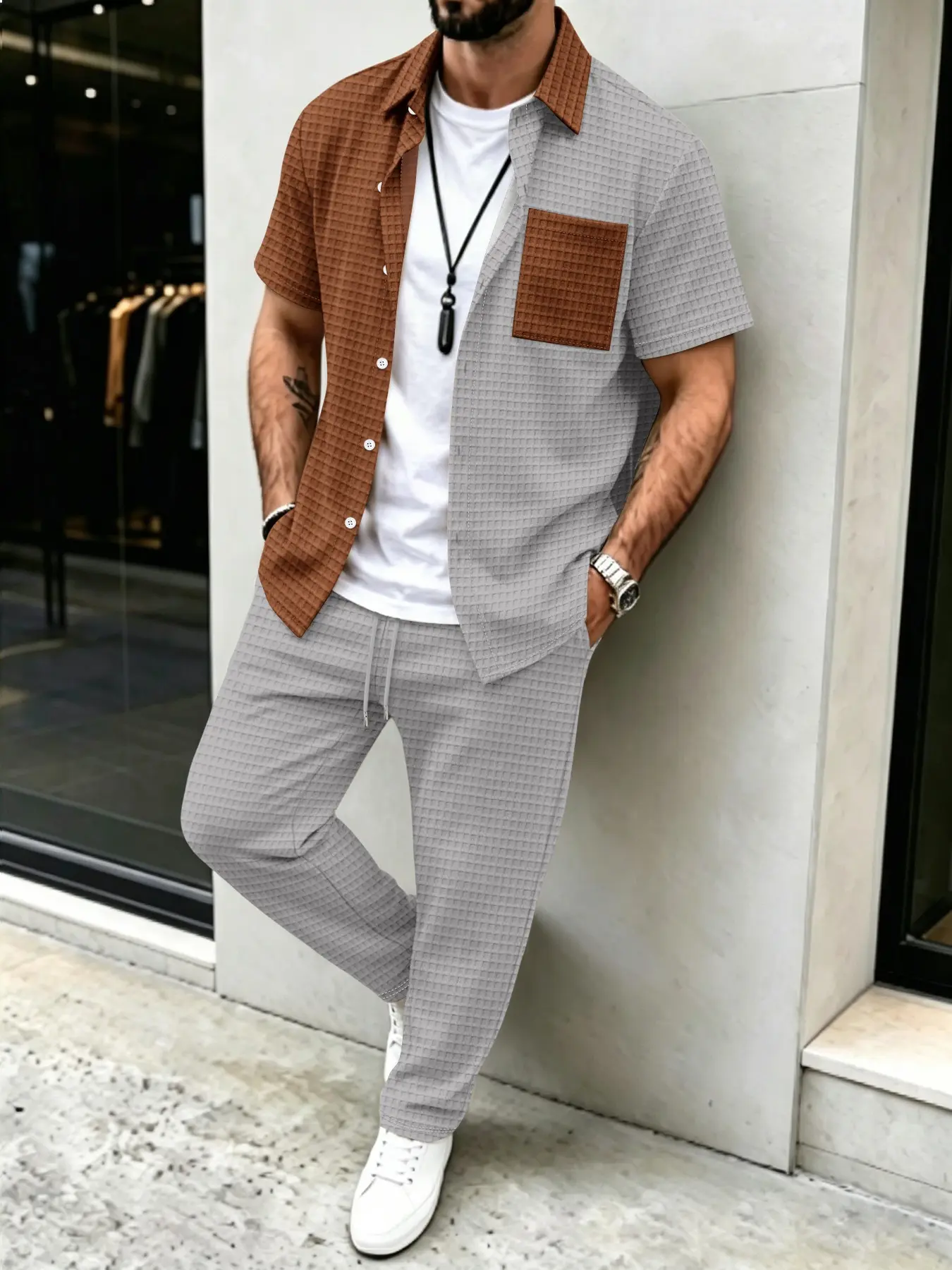 남성용 솔리드 와플 패턴 캐주얼, 컬러 블록 디자인 셔 - Mens Fashion Clothes 리뷰 및 가격
