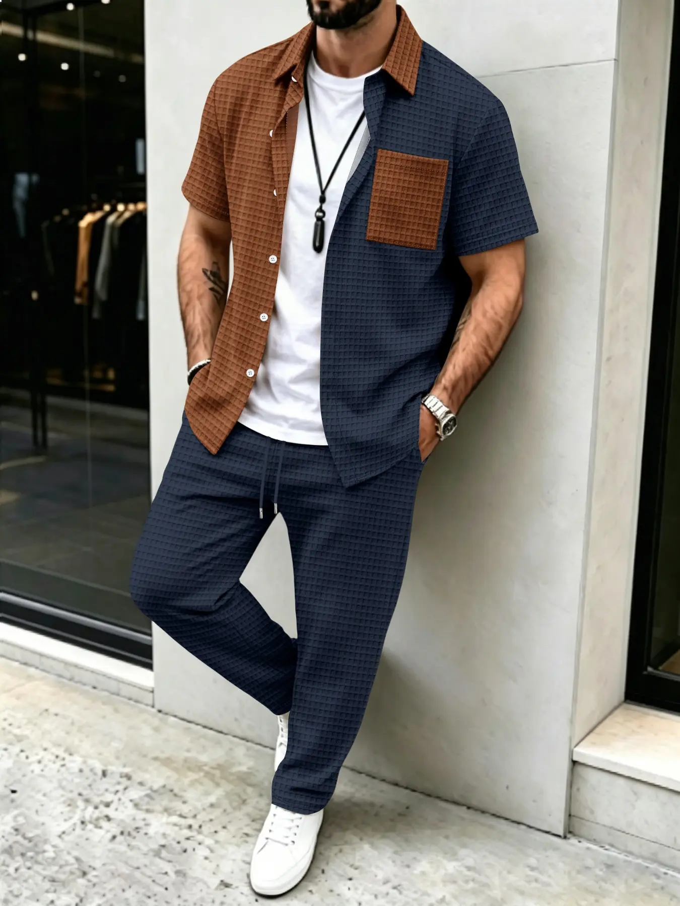 남성용 솔리드 와플 패턴 캐주얼, 컬러 블록 디자인 셔 - Mens Fashion Clothes 리뷰 및 가격