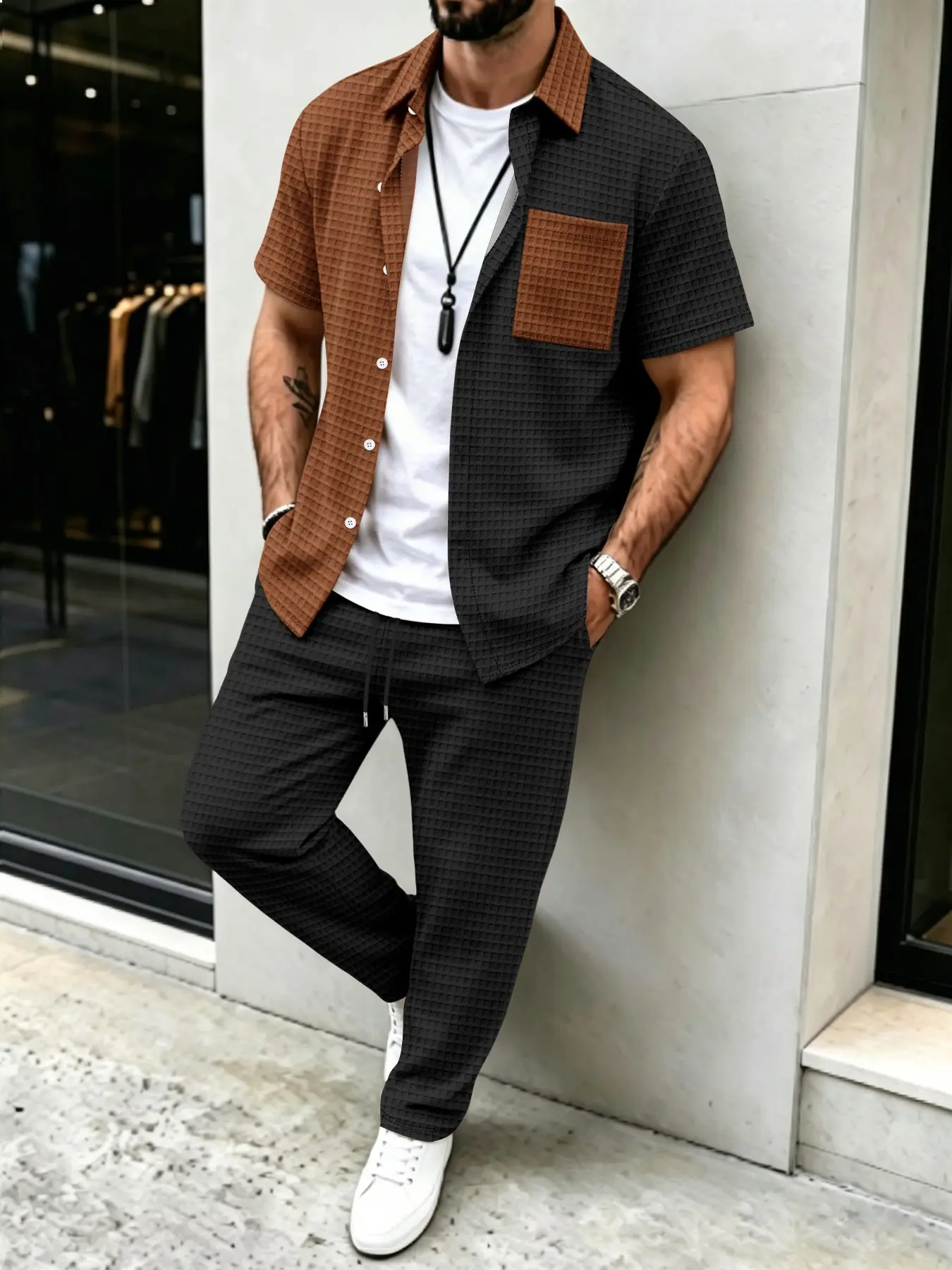 남성용 솔리드 와플 패턴 캐주얼, 컬러 블록 디자인 셔 - Mens Fashion Clothes 리뷰 및 가격