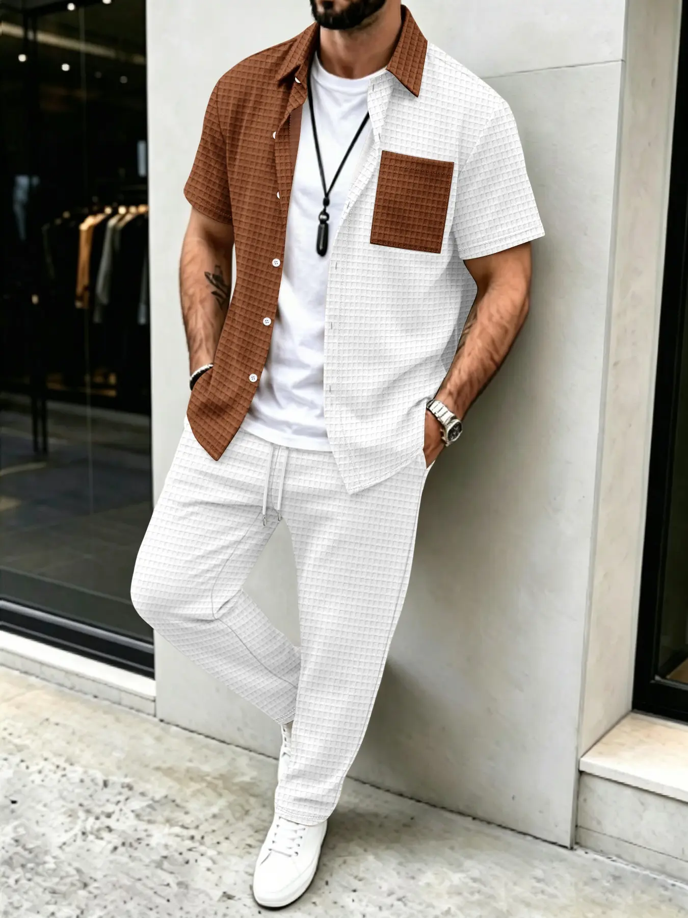 남성용 솔리드 와플 패턴 캐주얼, 컬러 블록 디자인 셔 - Mens Fashion Clothes 리뷰 및 가격