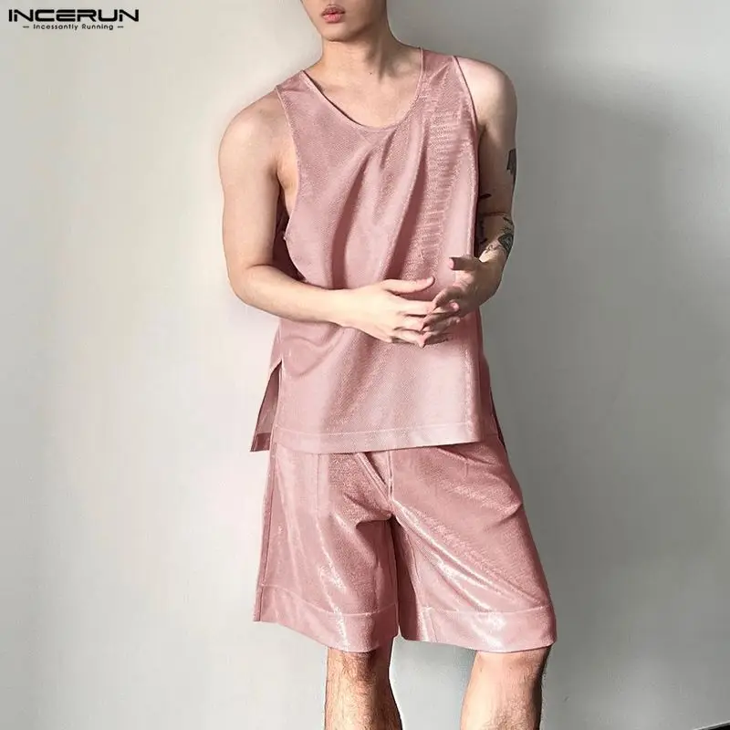 INCERUN 남성 세트 반짝 이는 솔리드 오 넥 민소 - Mens Fashion Summer 리뷰 및 가격