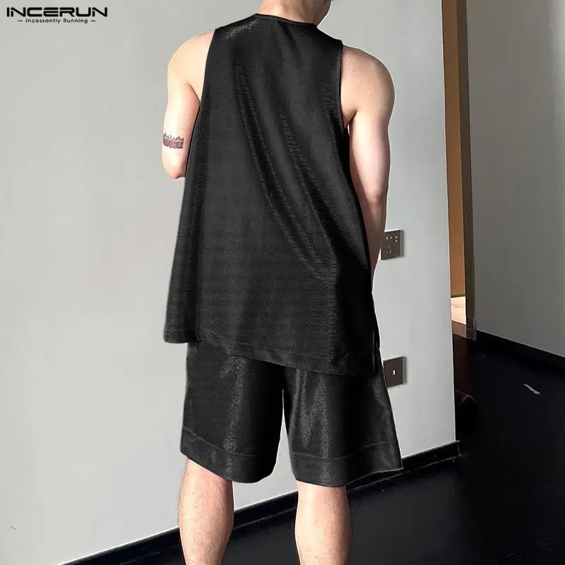 INCERUN 남성 세트 반짝 이는 솔리드 오 넥 민소 - Mens Fashion Summer 리뷰 및 가격